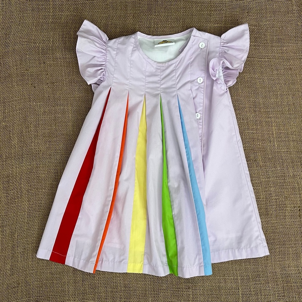 Rainbow Pleated Dress with Ruffle Sleeves
